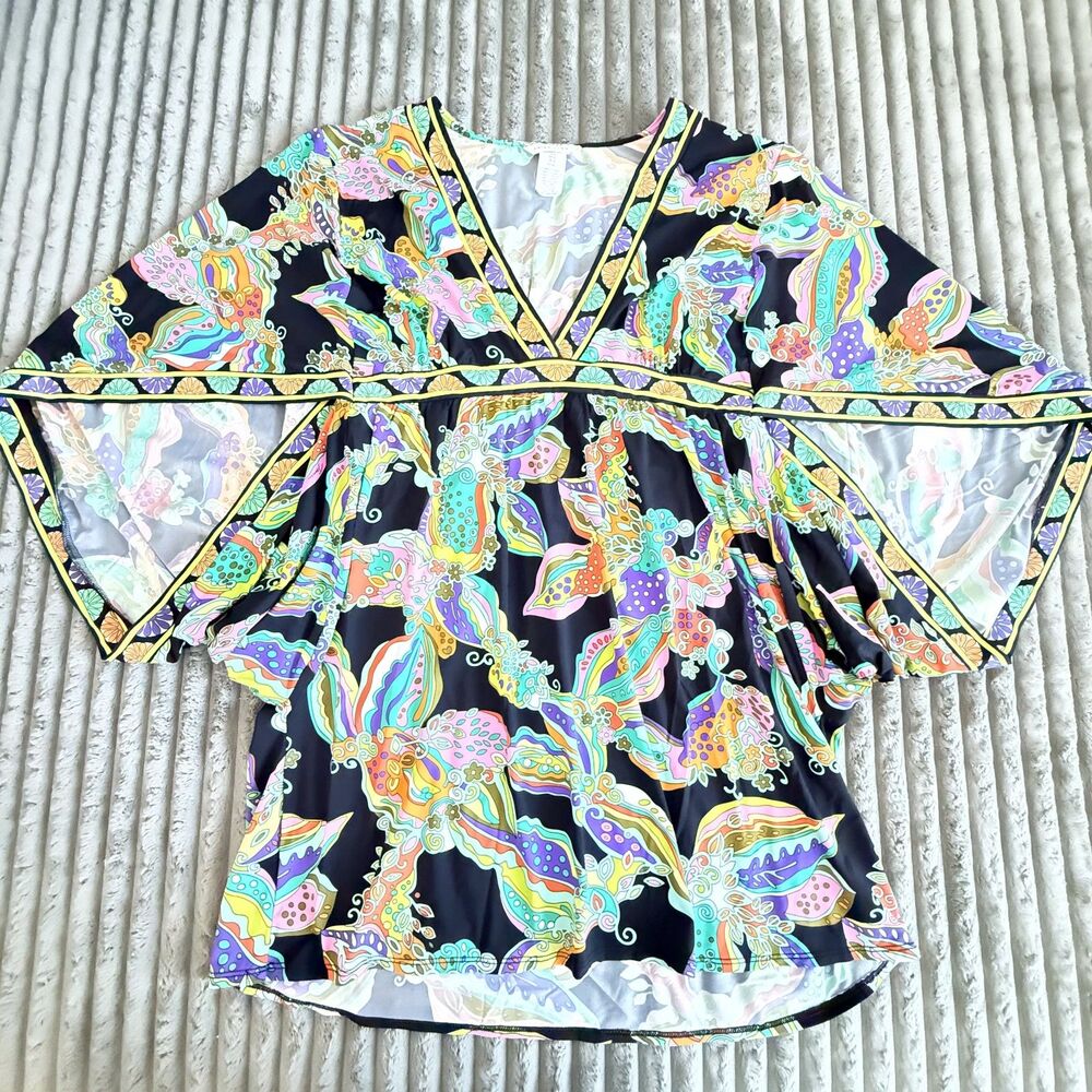 Trina Turk Paisley Tunic Blouse Flutter Sleeve Black Multicolor Women’s L